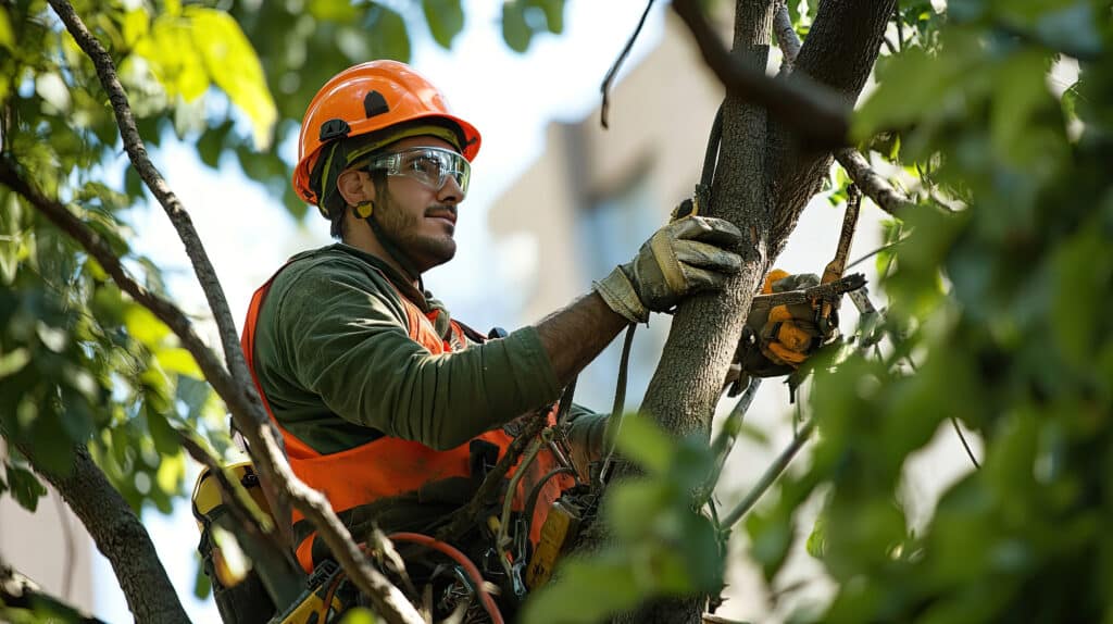 Élagueur travaillant en hauteur avec équipement de sécurité Élagueur professionnel en harnais orange et casque orange taillant un arbre, vu à travers un feuillage vert flou.